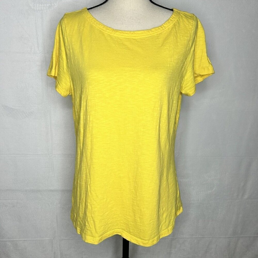 Talbots Shirt Top Womens Sz M Yellow Short Sleeve Back Zip Boat Neck 100% Cotton